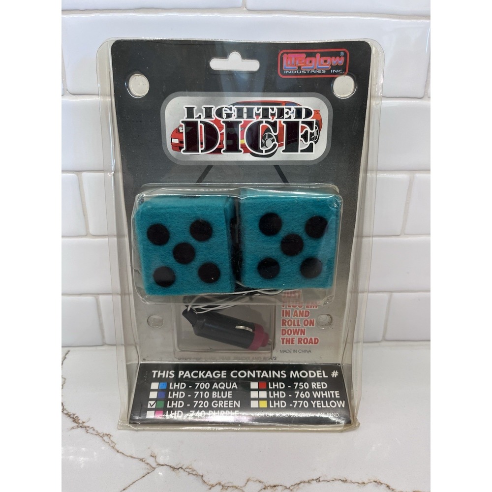 Vintage Liteglow Industries Lighted Dice Fuzzy Dice Mirror Dice Green Hot Rod
